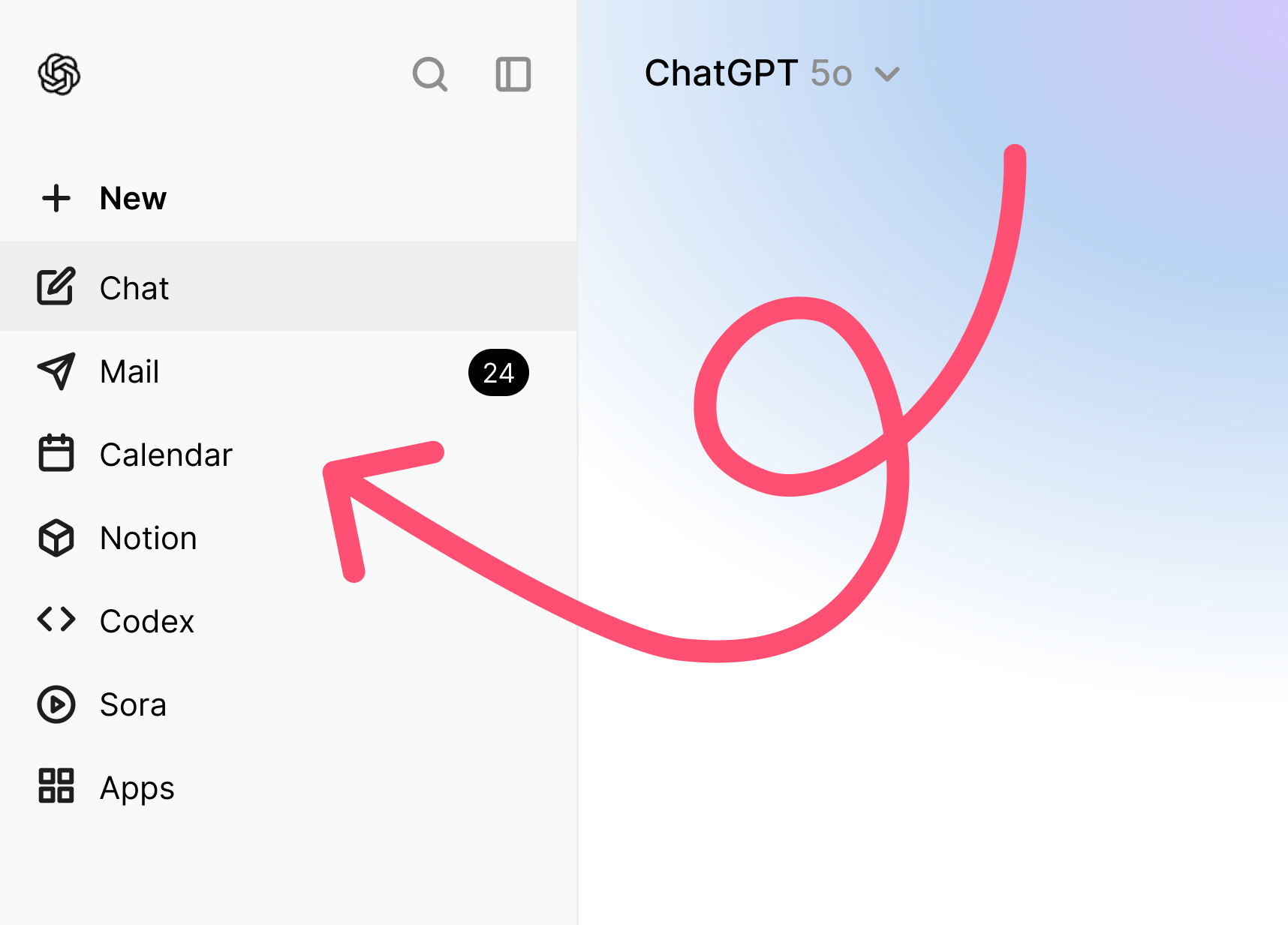Auto-generated description: A user interface displays a menu with options like Chat, Mail, and Calendar, with a red arrow emphasizing the Calendar option.