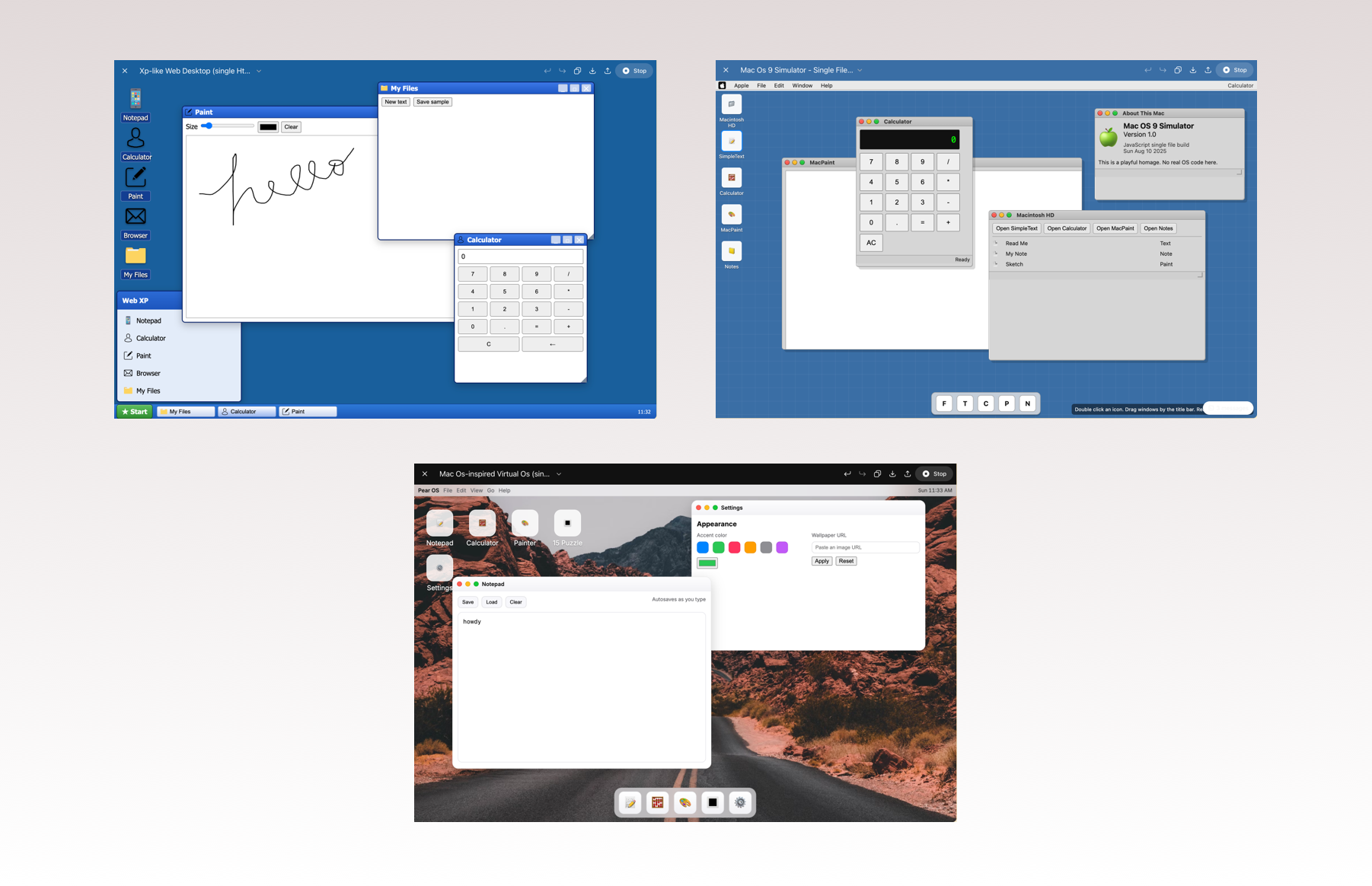 Auto-generated description: Three different computer interface designs are displayed, showcasing various desktop environments with applications such as a drawing pad, calculator, and system settings.