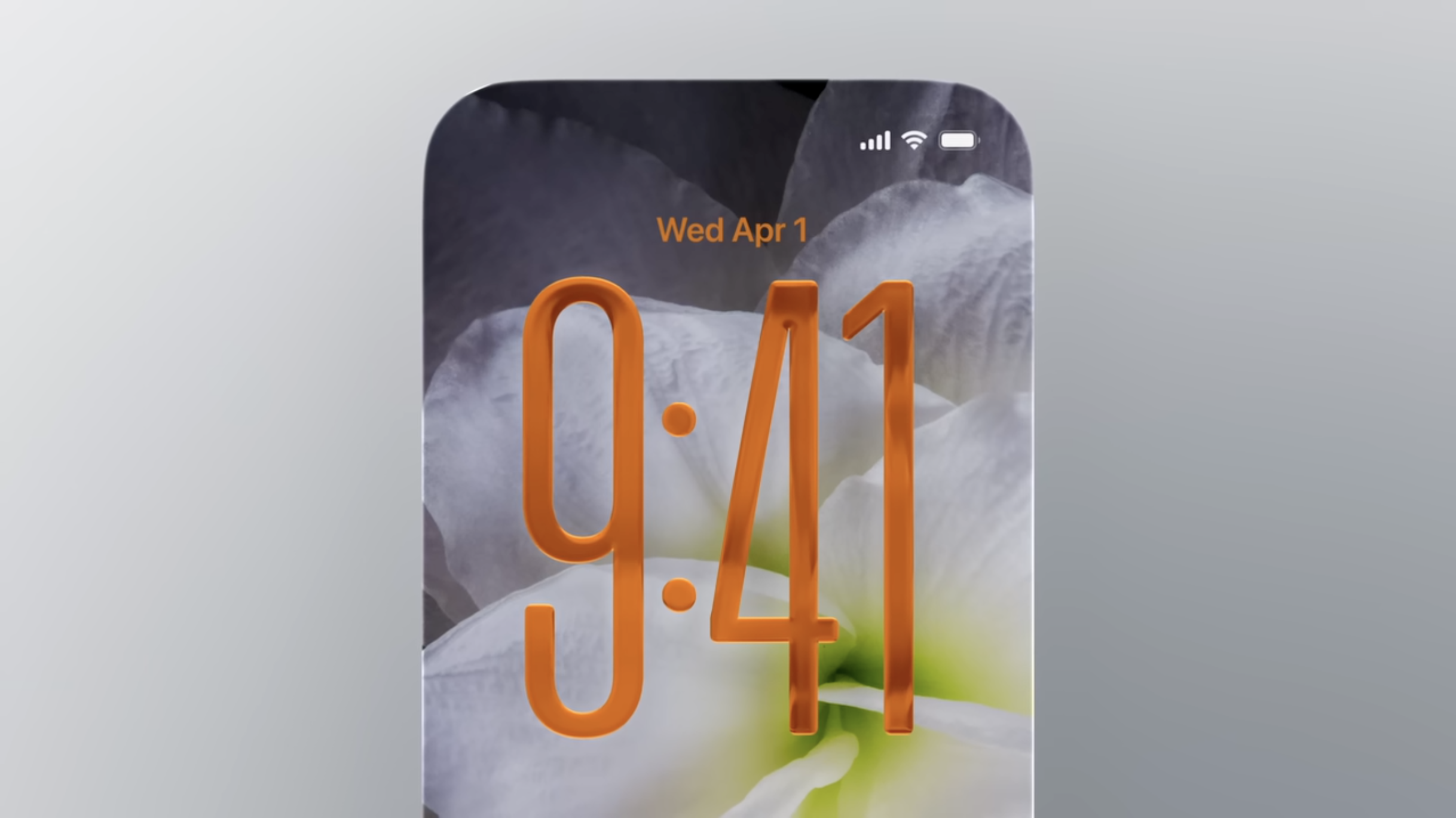 Auto-generated description: A smartphone lock screen displays the time 9:41 with the date Wed Apr 1 over a flower background.