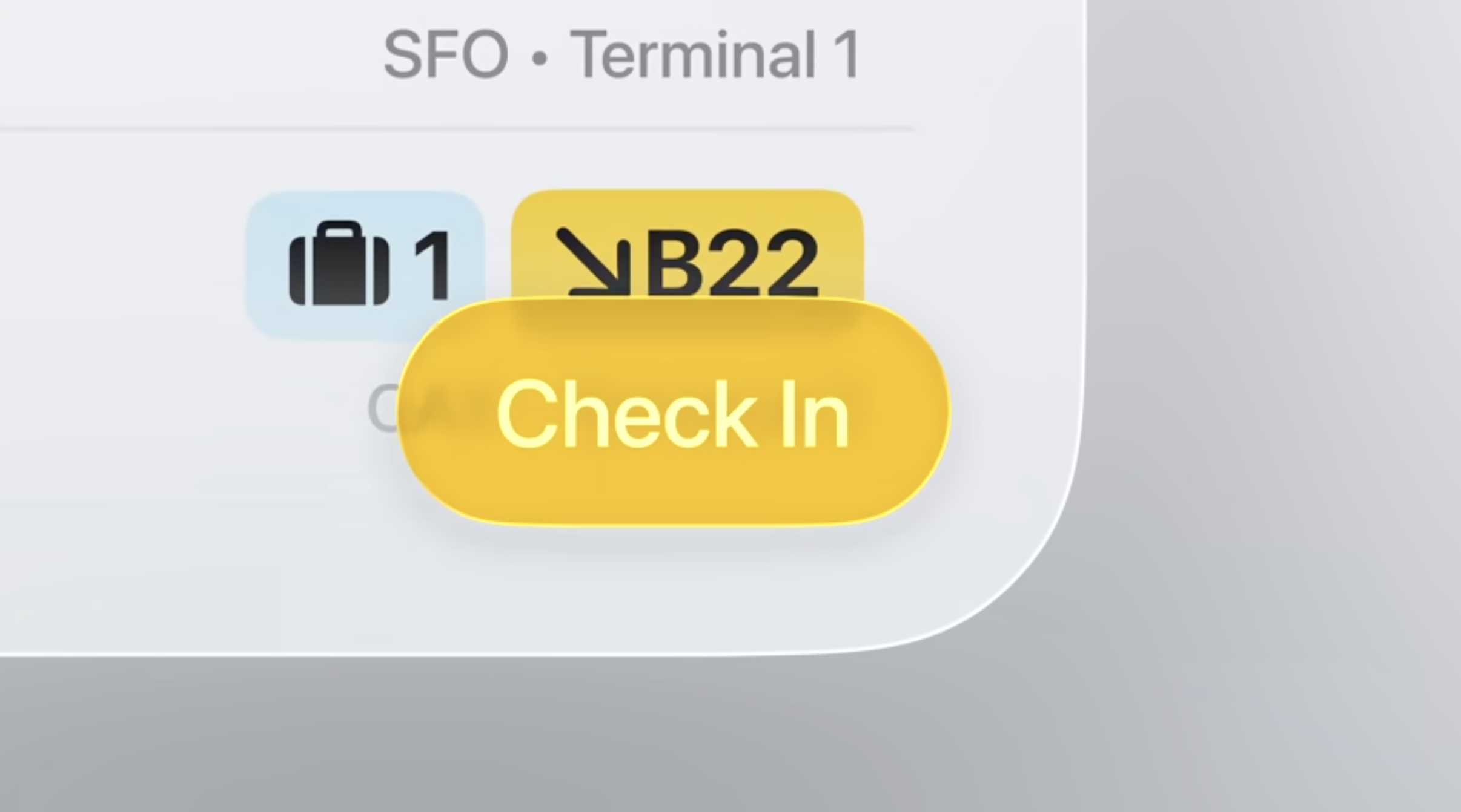 Auto-generated description: A digital interface displays travel information with a Check In button highlighted in yellow.