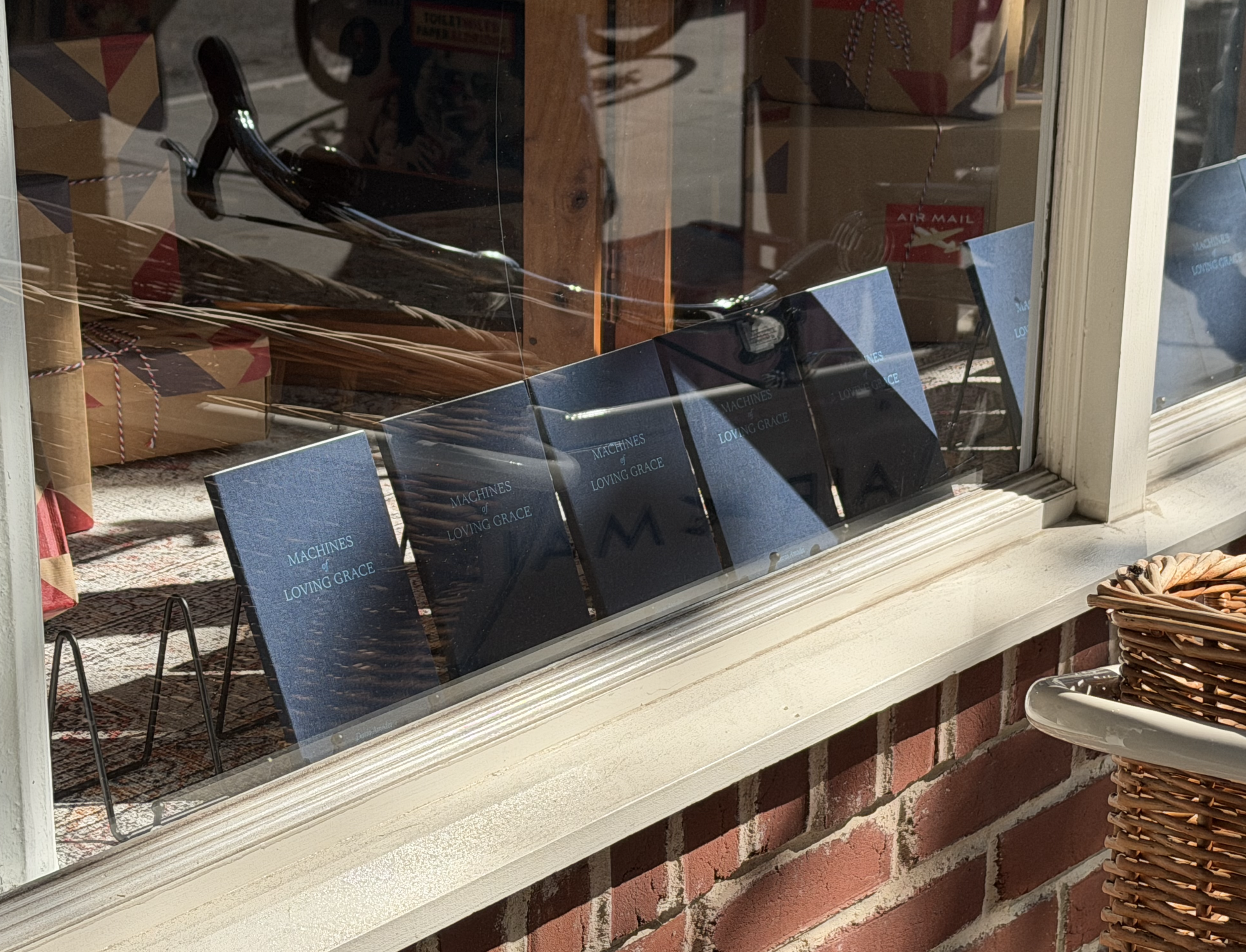 Auto-generated description: A window display features several books titled LIVING GRACIOUSLY with sunlight casting reflections on them.