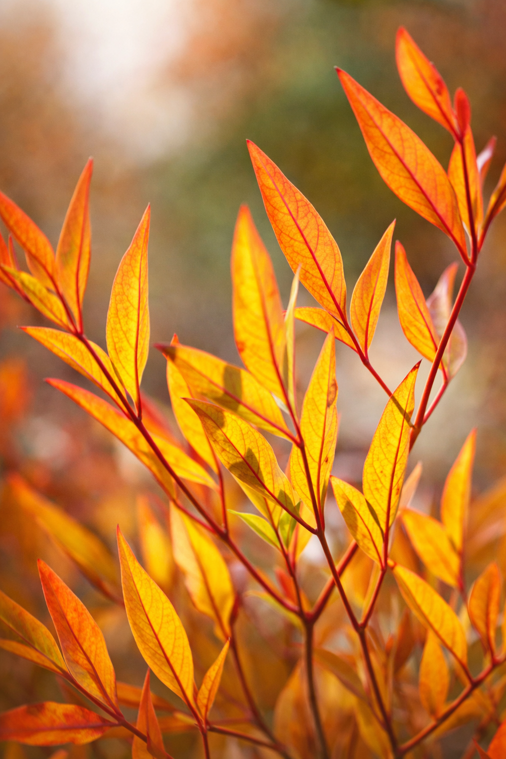 Bright autumn leaves in shades of orange and yellow are illuminated against a softly blurred background.
