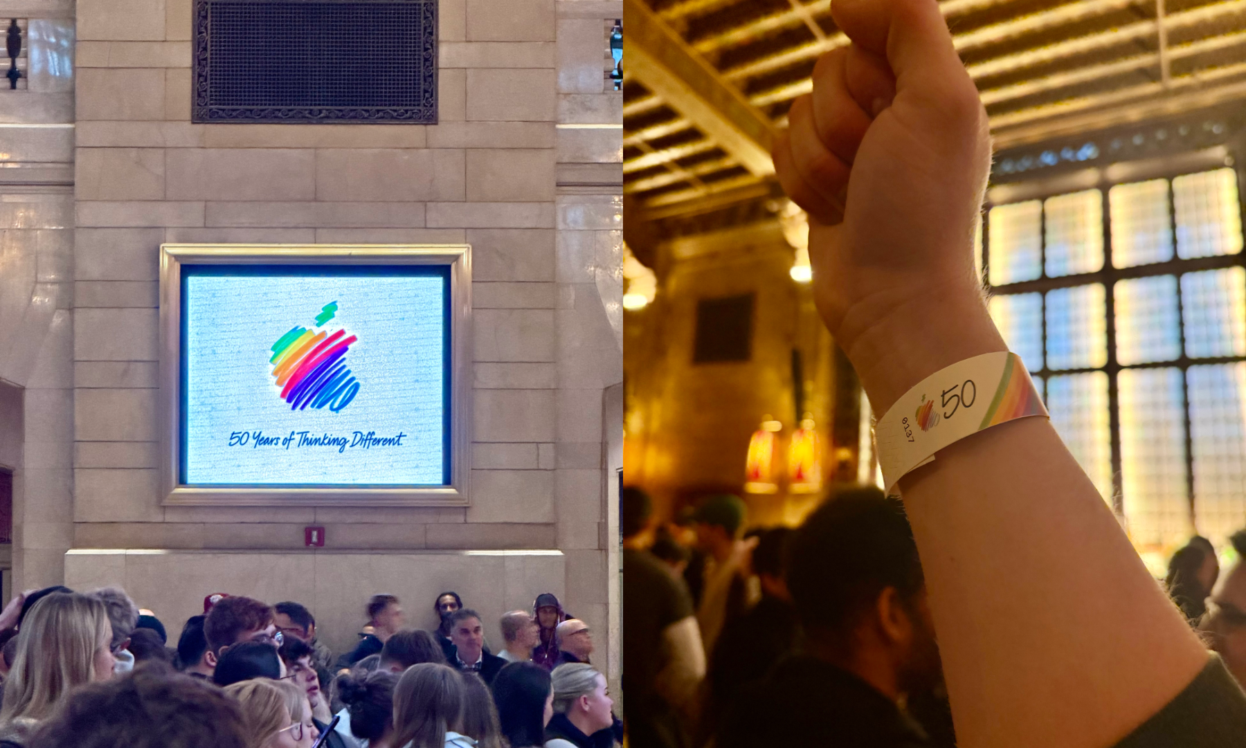 Auto-generated description: A vibrant Apple logo with 40 Years of Thinking Different is displayed in a busy room, where someone is showing a wristband marked with the number 50.