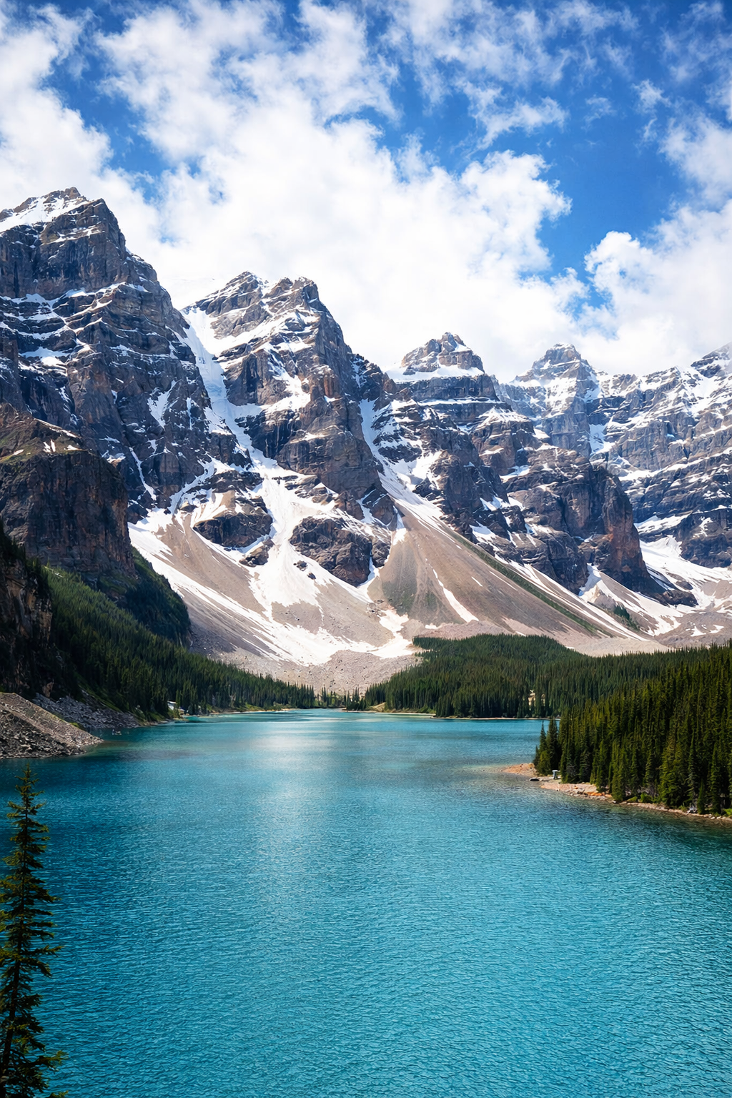 A stunning turquoise lake is surrounded by snow-capped mountains and lush forests under a partly cloudy blue sky.