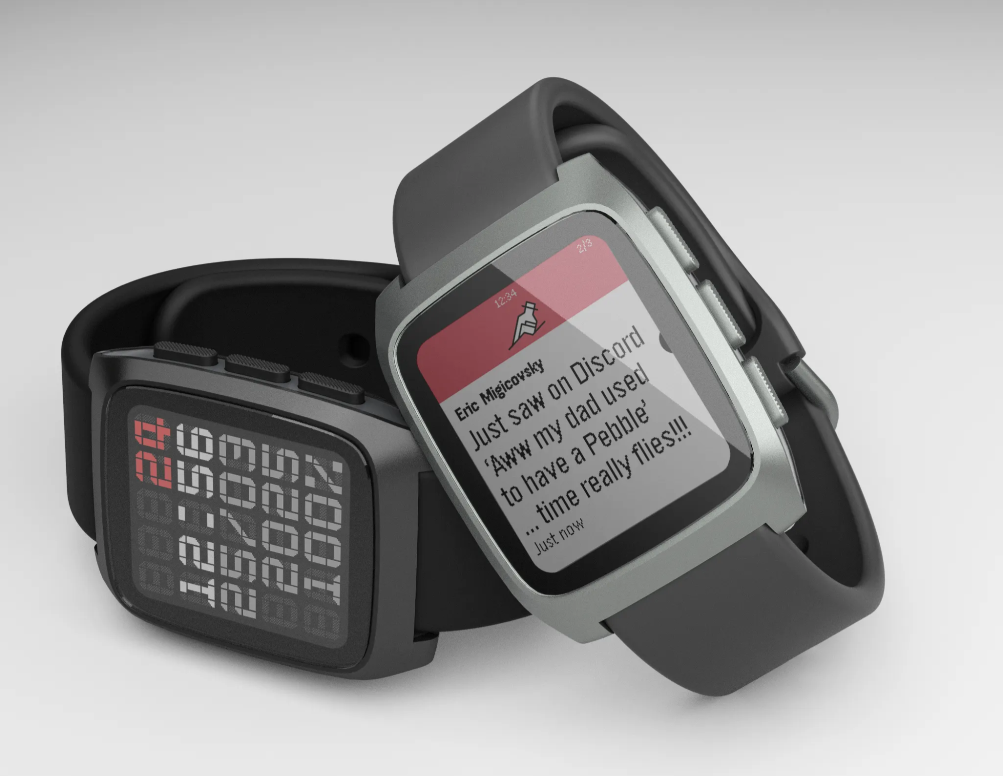 Auto-generated description: Two smartwatches are displayed, one showing a pixelated time and the other a message notification on the screen.