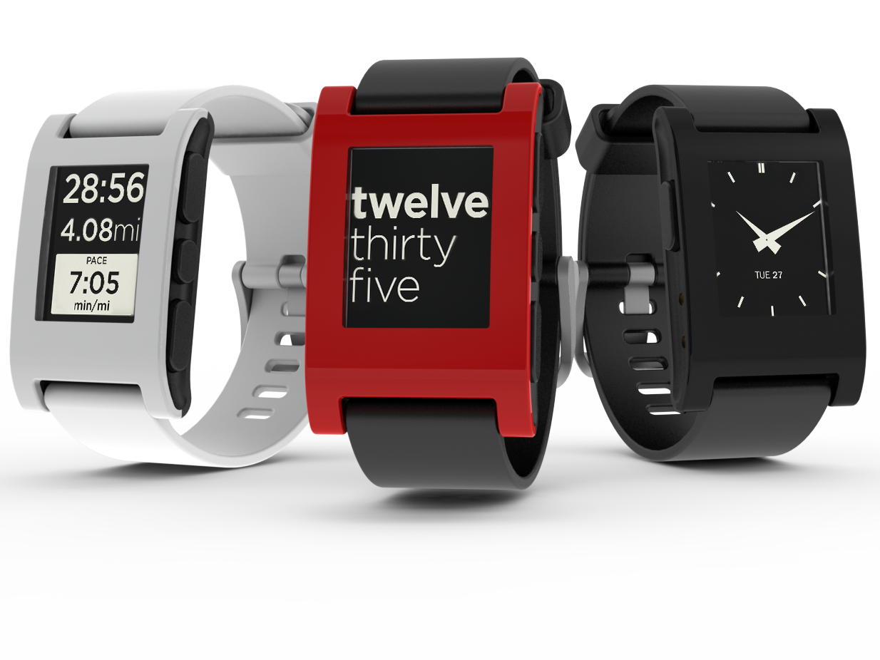 Auto-generated description: Three smartwatches with different displays, featuring a white watch with metrics, a red watch with digital time, and a black watch with an analog clock face, are shown side by side.