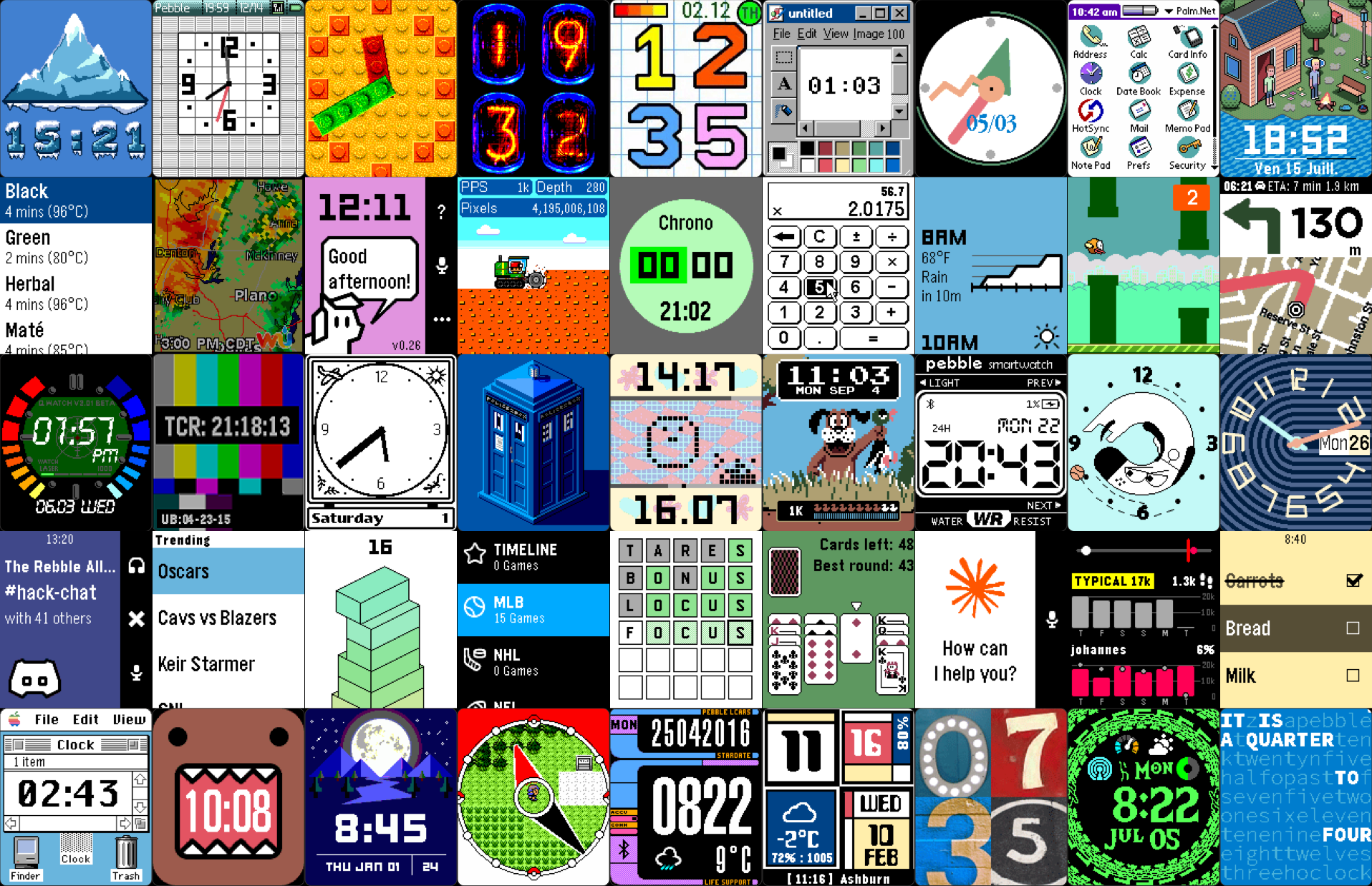 Auto-generated description: A collage of colorful retro-style digital watch faces featuring various designs, numbers, and icons.