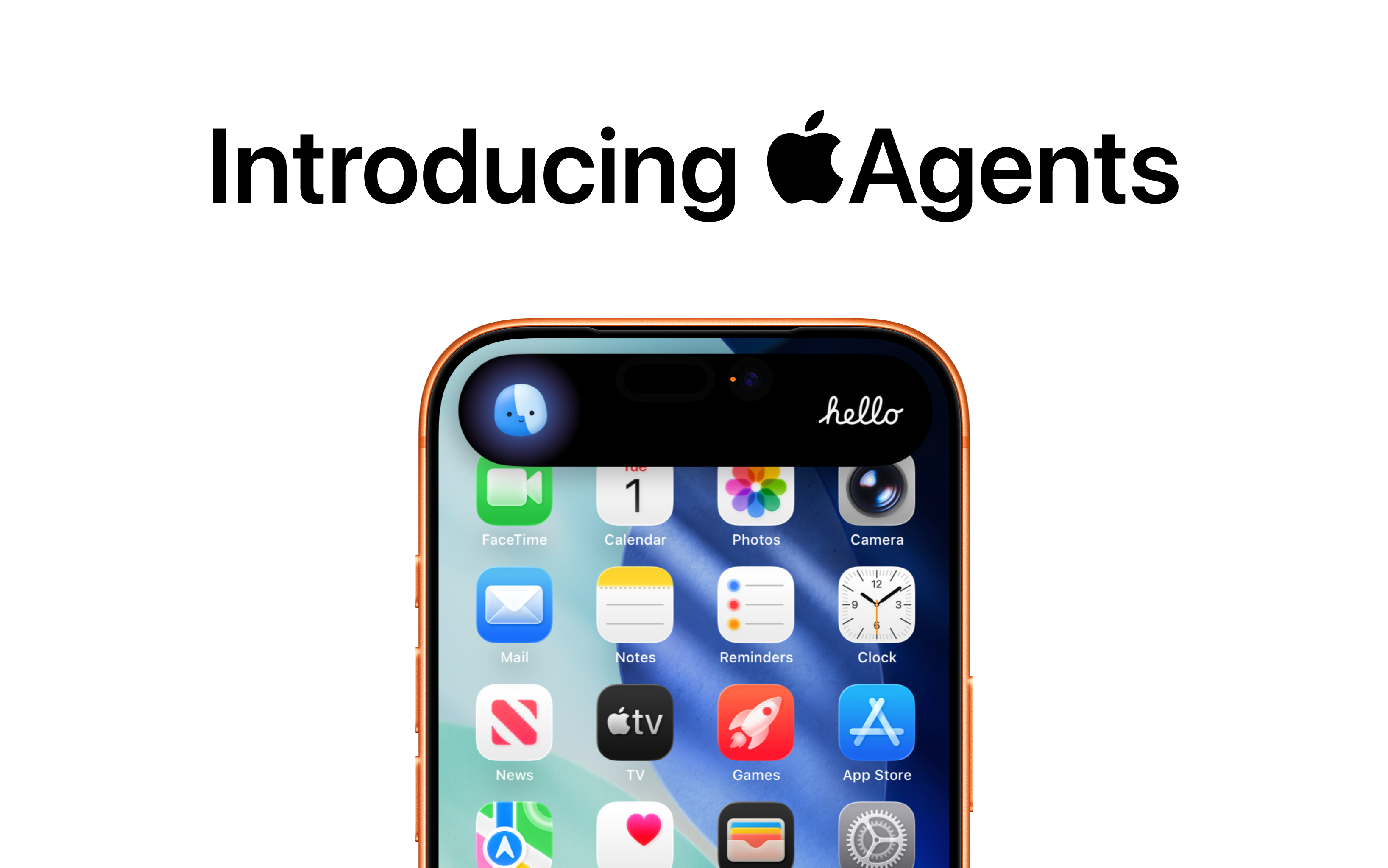 Auto-generated description: A smartphone display shows various app icons beneath the header Introducing Apple Agents.