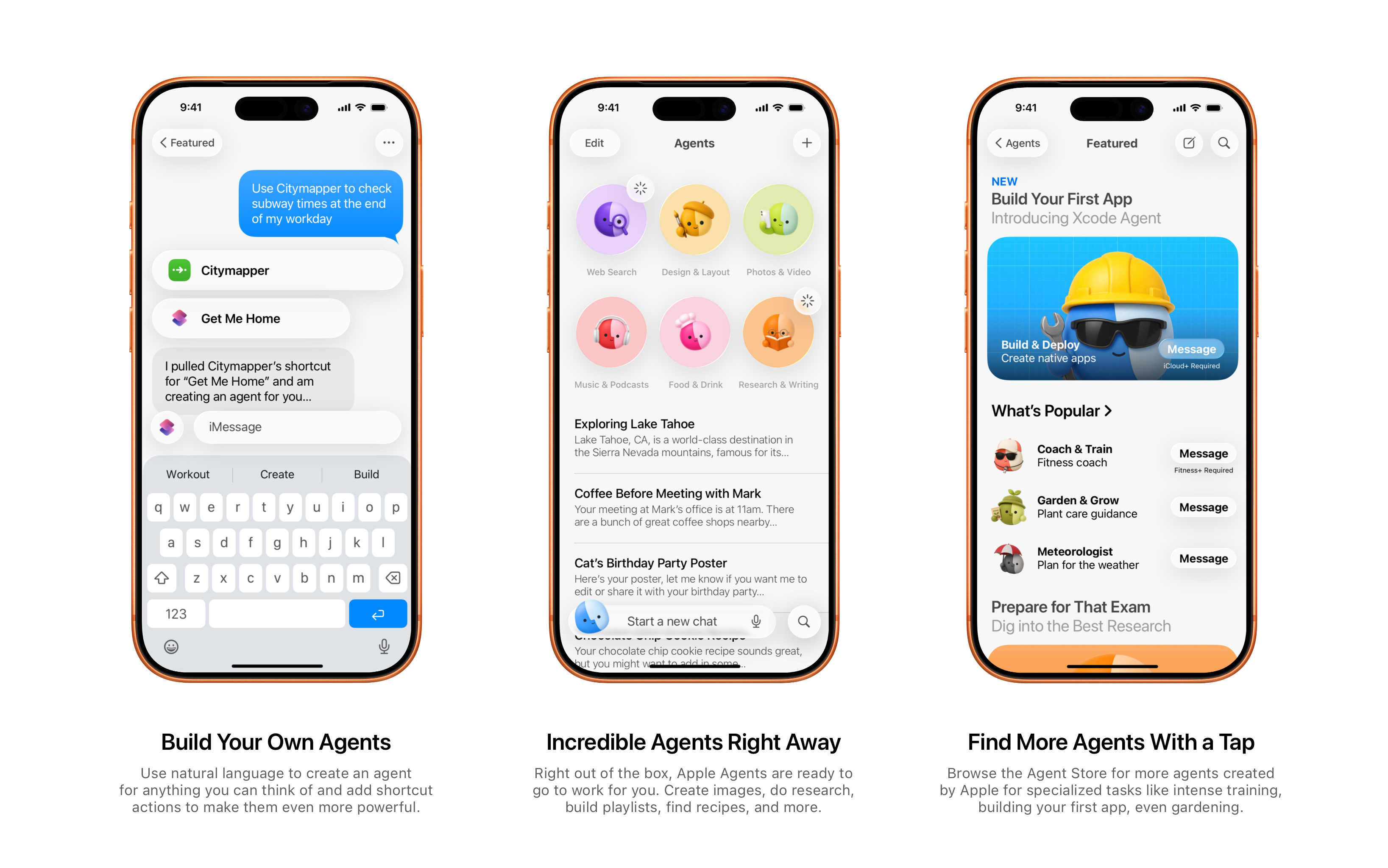Auto-generated description: Three smartphone screens display different features of an app, including building virtual agents, accessing various pre-built agents, and finding more agents in a store.