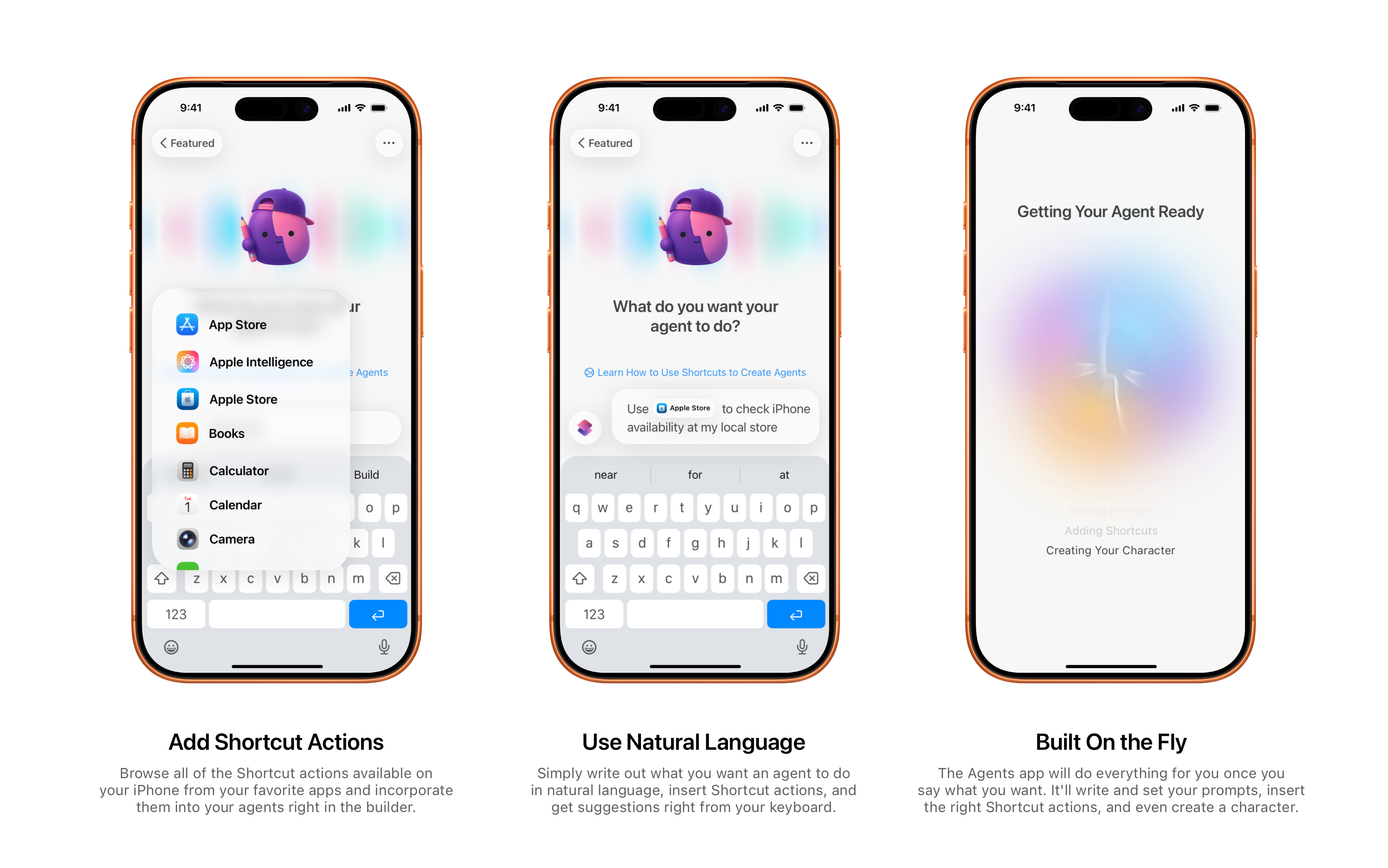 Auto-generated description: Three smartphone screens display the process of setting up a digital assistant, with options for shortcut actions, natural language input, and customization features.
