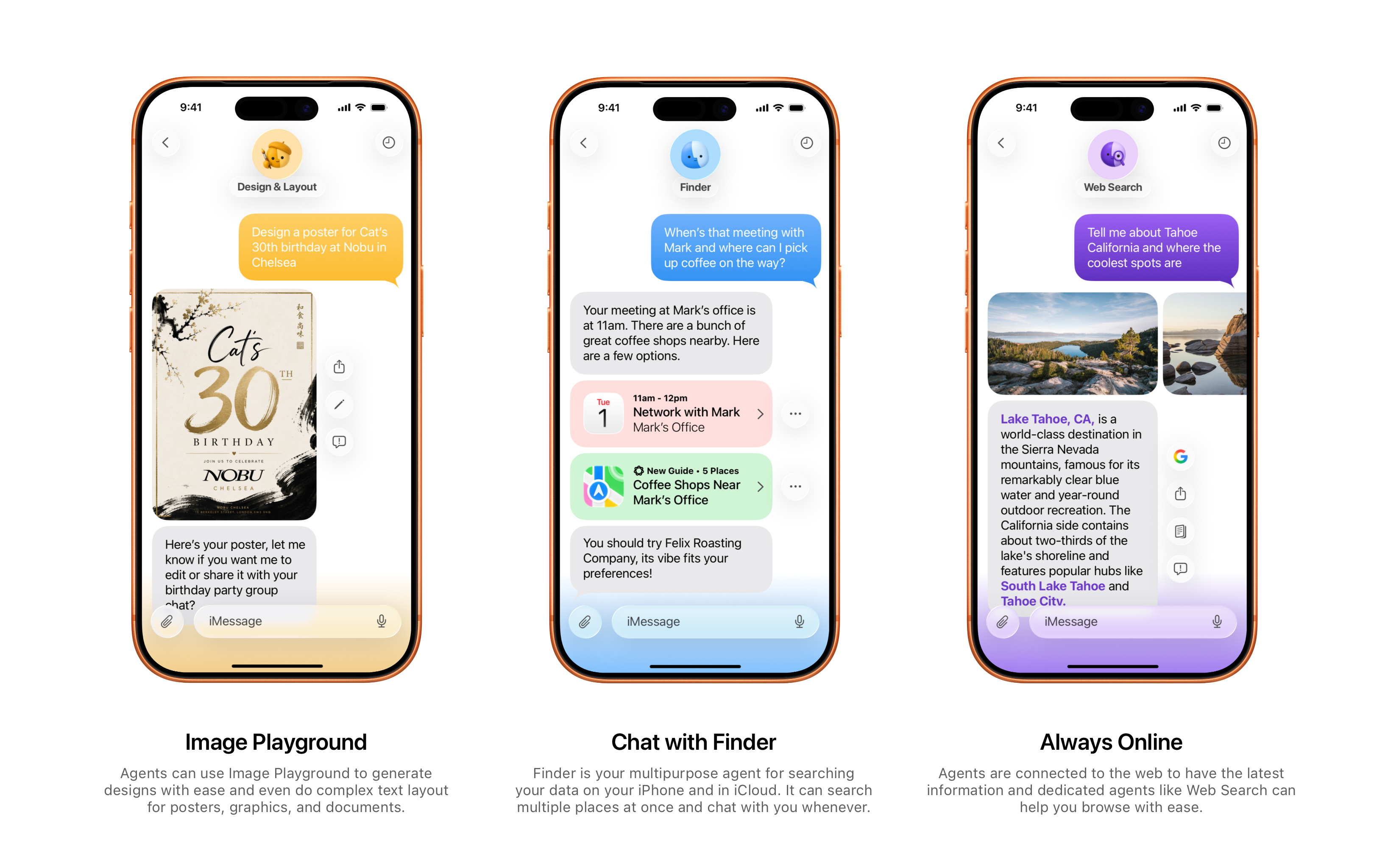 Auto-generated description: Three smartphone screens showing different applications: an image design tool, a chat interface for scheduling, and a web search feature.
