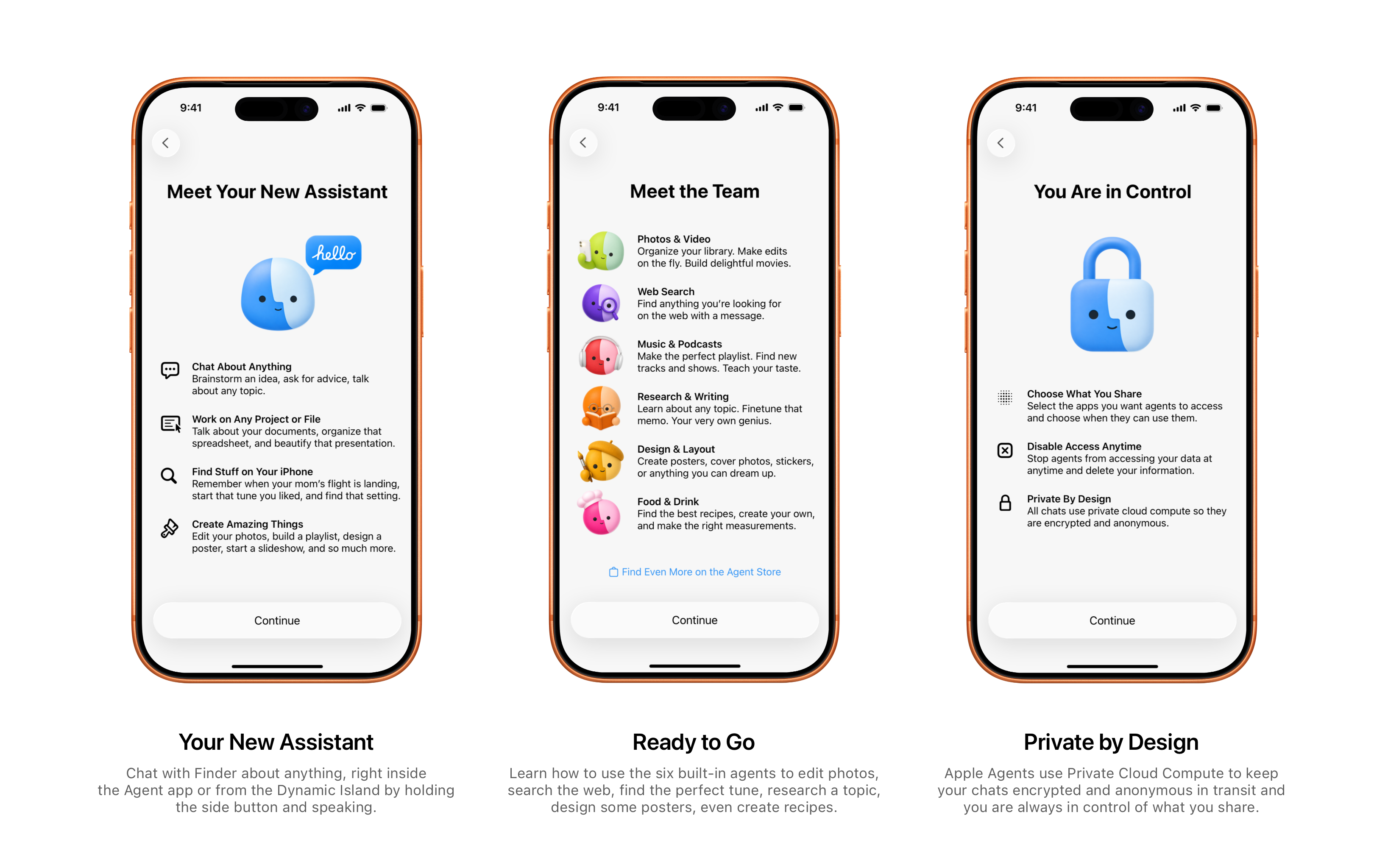 Auto-generated description: Three smartphone screens display various features of an AI assistant, including setting reminders, meeting team characters, and privacy settings.