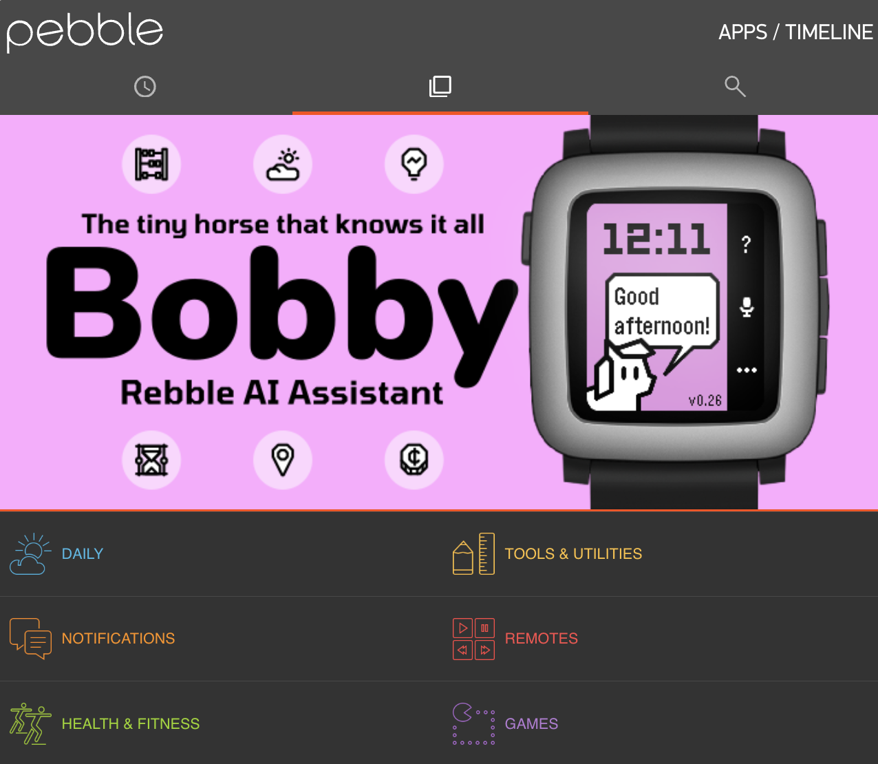 Auto-generated description: A digital advertisement features the Bobby Rebble AI Assistant on a smartwatch display with a vibrant pink background and a humorous tagline.