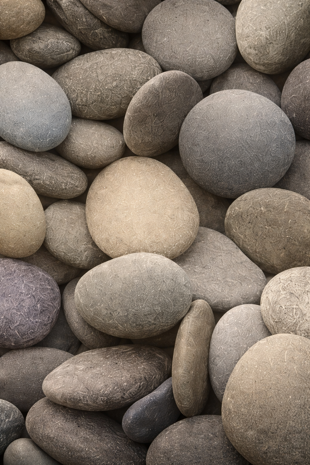 A collection of smooth, rounded stones in various shades of gray and brown are piled closely together.